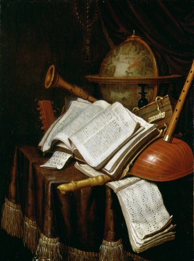 Vanité avec un globe, des partitions musicales et des instruments, 1692 - Edwaert Colyer or Collier